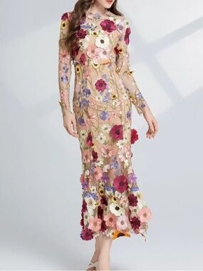 Sheer Floral Embroidered Midi Dress - Pink Multi